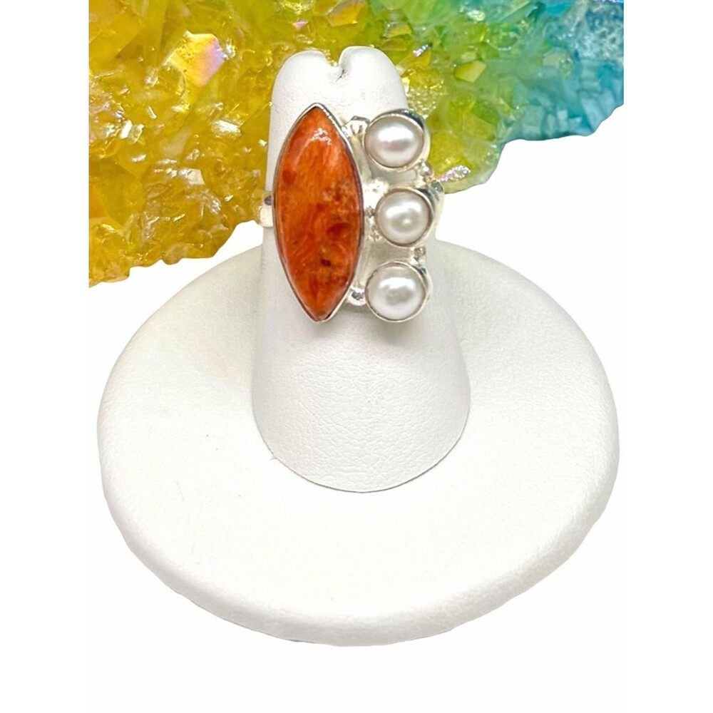 Orange Mohave Turquoise & Freshwater Pearl Ring Size 6 Solid 925 Sterling Silver